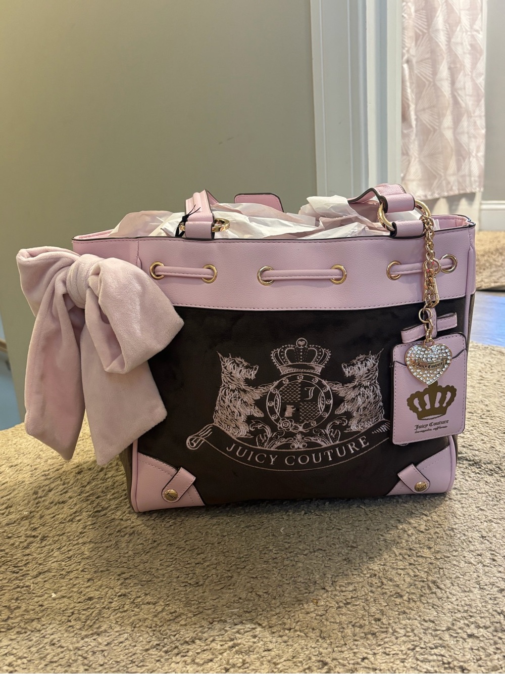 Juicy Couture Pink and Black Crest Tote with Charm and Bow
